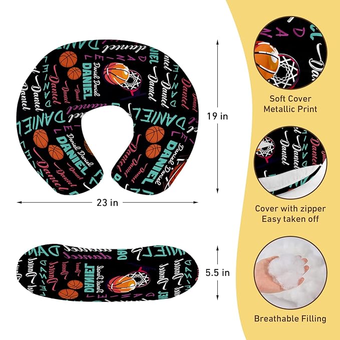 Rucekia Baby Nursing Pillow Cover - Personalized Name Basketball Theme Breastfeeding U-Shaped for Bottle Feeding, Ultra Soft Comfortable Breastfeeding Pillow Cover for Infant Baby Boys and Girls