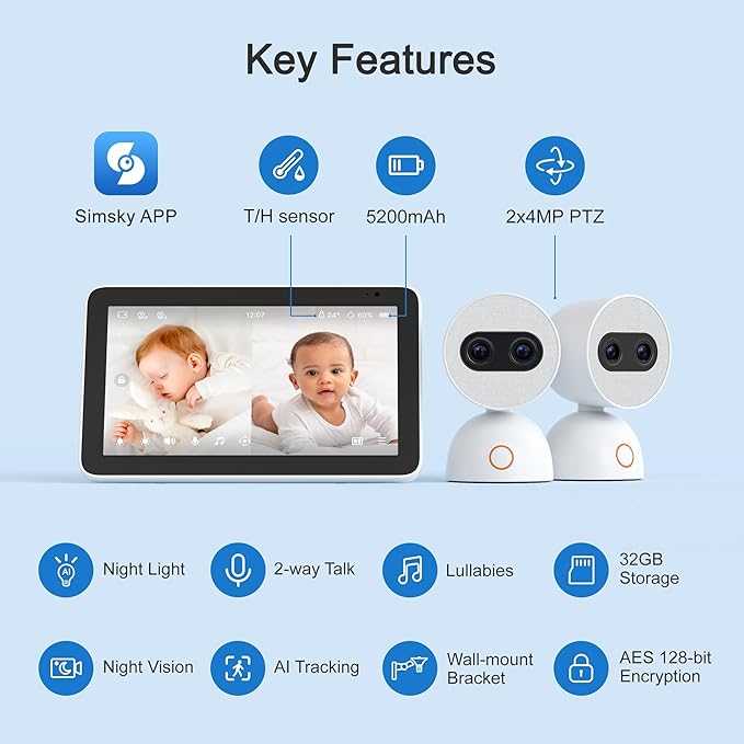 Simsky Split Screen Video Baby Monitor with Cameras, Dual 4MP Cameras with 6X Zoom, 7" UHD Touch Screen Portable Audio Baby Monitor 32GB Local Storage