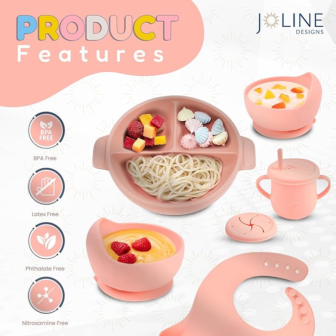 Joline Designs Silicone Baby Feeding Set - Perfect silicone plates for baby & Toddler Plates with lid, Baby Bowls with Suction, Baby Utensils - Baby Led Weaning Supplies & Eating Essentials - (Peach)