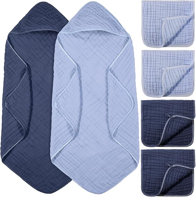 VitalCozy 6 Pcs Baby Muslin Hooded Bath Towels and Washcloths Muslin Cotton Hooded Baby Towels Absorbent Blankets for Gift Newborn Infant Shower (32 x 32 Inch,Dark Blue,Light Blue)