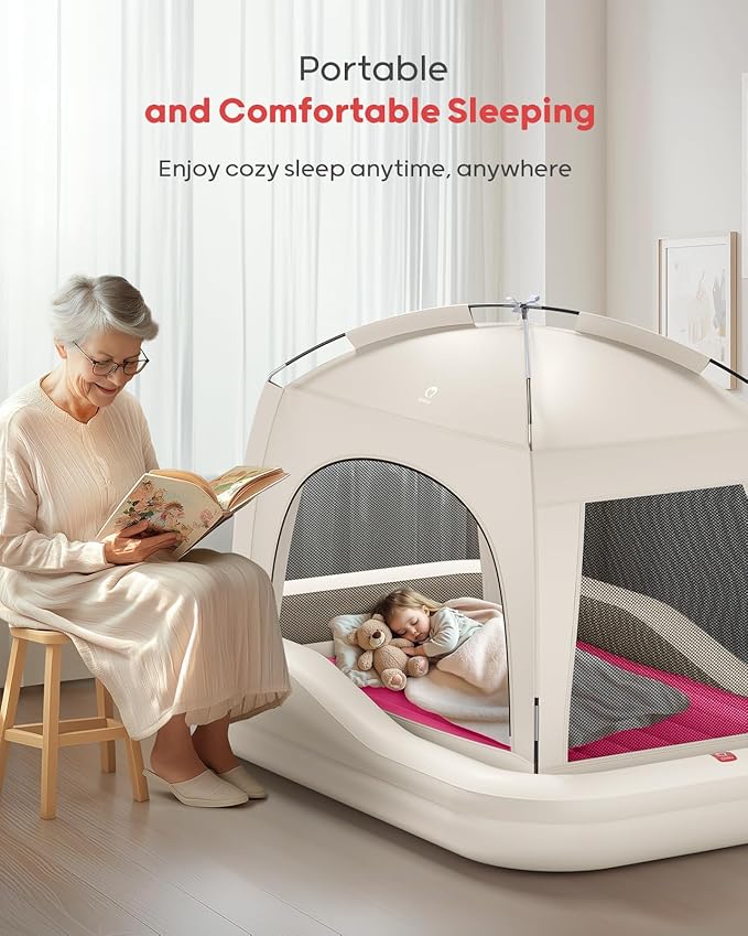 QPAU Inflatable Toddler Travel Bed with Tent, Portable Kids Air Mattress with Safety Sides, Ideal for Home, Grandma's, Camping, Traveling -Includes Fast Electric Pump