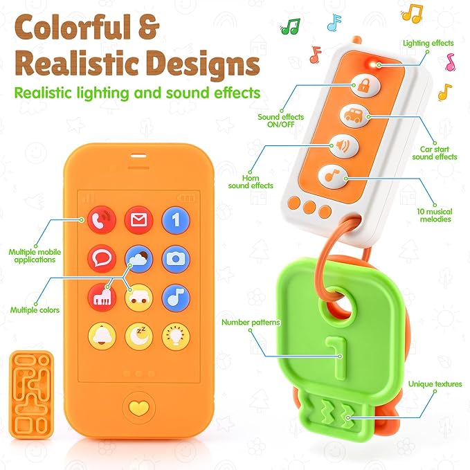 Baby Remote Control Toy with Phone Teether & Teething Keys & Car Remote, Remote Teether for Baby with Realistic Light and Sounds, Baby Musical Toys Gift for Boys Girls 6+ Months