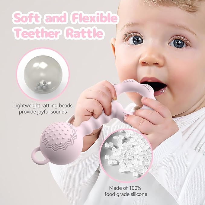 Teething Toys for Babies 6-12 Months, Baby Rattles 0-6 Months, 2-in-1 Rattle and Teether Toy for Soothing Sore Gums and Keeps Little Ones Entertained, Food Grade Silicone, Pink