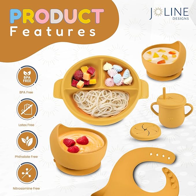 Joline Designs Silicone Baby Feeding Set - Perfect silicone plates for baby & Toddler Plates with lid, Baby Bowls with Suction, Baby Utensils - Baby Led Weaning Supplies & Eating Essential - (Yellow)