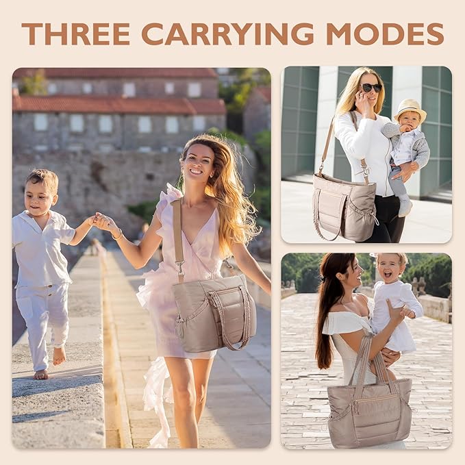 mommore Diaper Bag Tote with Stroller Organizer Puffer Bag Large Capacity Baby Bag with Changing Pad for Travel, Hospital