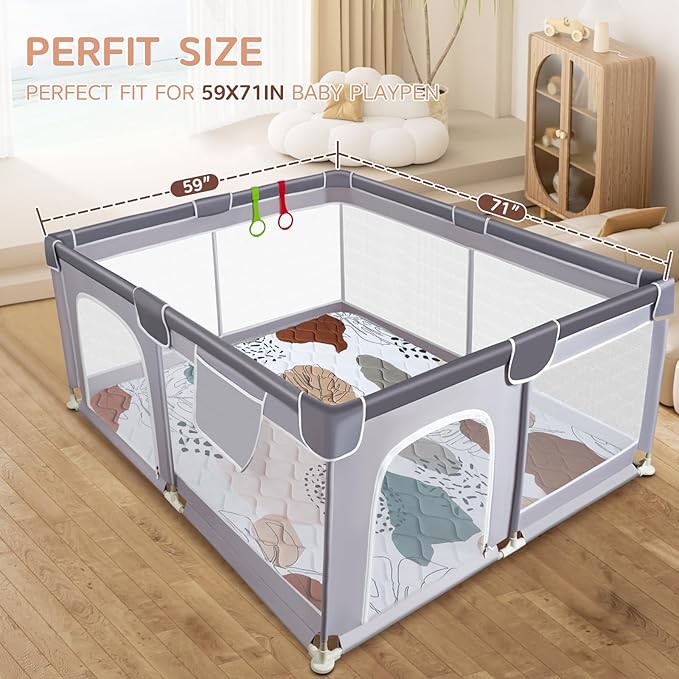 TreeBud Baby Play Mat - Thicken 71x59 Inch Soft Foam Crawling Mat for Playpen & Floor, Non-Slip Waterproof Activity Playmats for Infants & Toddlers, Portable Foldable & Machine Washable, Boho Design