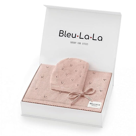Bleu La La Baby Gift Set - Organic Cotton Newborn Blanket Essentials, Thoughtful Baby Shower & New Baby Gift for Boys & Girls (Pointelle - Ballet Slippers)