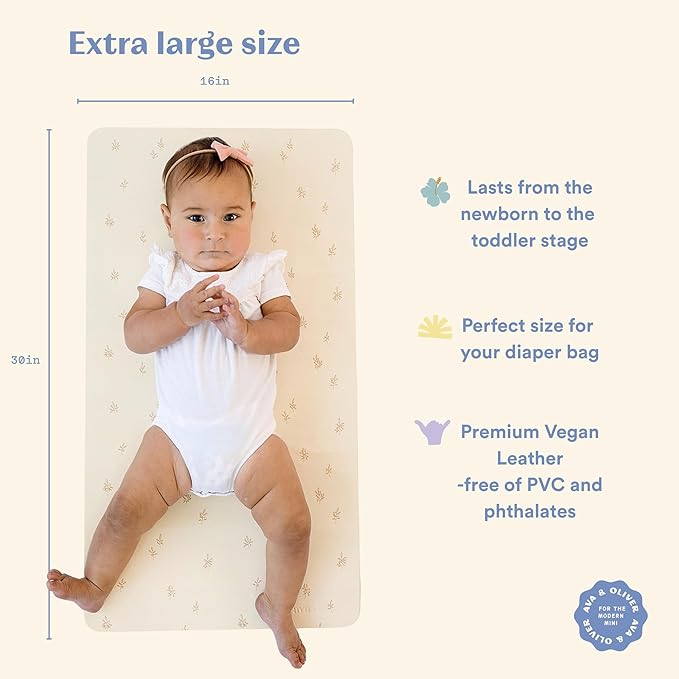 Ava + Oliver Vegan Leather Baby Changing Mat (16 X 30 in) - Multipurpose Wipeable and Portable Diaper Changing Pad - Foldable for Travel (Branches)