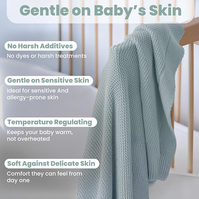 Little Dedi 100% Organic Cotton Baby Knitted Blanket with Gift Box - Soft Toddler, Crib, Stroller Blanket - Neutral Swaddle and Receiving Blanket for Newborns, 30"x40", Sage