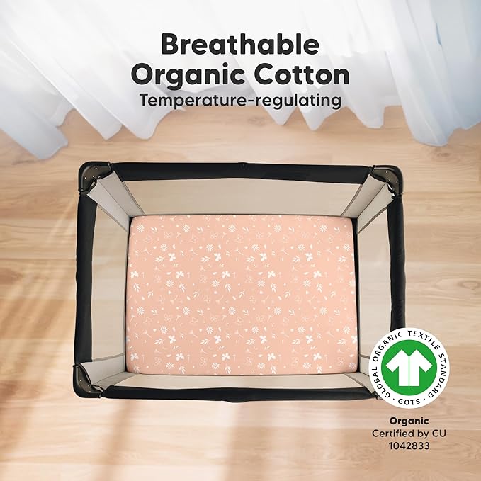 2-Pack Mini Crib Sheets Fitted - 38x26 Pack N Play Sheets for Pack and Play Mattress, Organic Cotton, Soft & Breathable Playard Bedding, Neutral Mini Toddler Bed Cover for Boys, Girls (Butterflies)