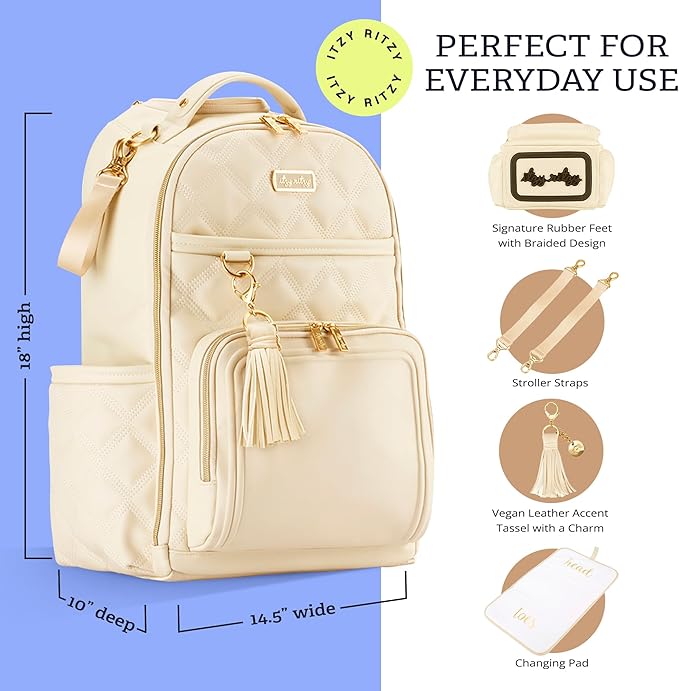 Itzy Ritzy Diaper Bag Backpack – Large Capacity Boss Plus Baby Backpack Diaper Bag Featuring 19 Pockets, Changing Pad, Stroller Clips, and Comfortable Straps (Milk & Honey)