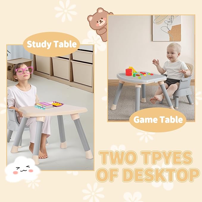 Kinder King 8 in 1 Baby High Chair, Coverts to Dining Booster Seat/Kids Table & Chair Set/Toddler Building Block Table/Kids Stool, Removable Tray & Double Seat Cover, Easy to Wipe, Grey & Coffee