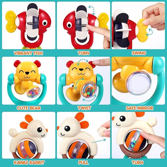 Baby Toys 6-12 Months Infant Toy Set of 3 High Chair Suction Cup Rattle Teething Toys for Babies 6 7 9 12-18 Months 2-in-1 Sensory Development Tray Toy Baby Gifts for Boys Girls