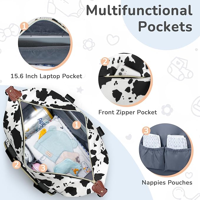 Diaper Bag Tote with Pacifier Case, Baby Bag for Women with Shoulder Straps, Travel Diaper Tote for for Mom and Dad Cow Print