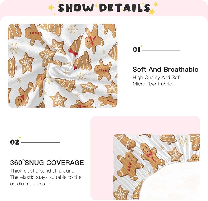 Pfrewn Christmas Crib Sheets for Boys Girls Cartoon Gingerbread Men Snowflakes Fitted Crib Sheet for Mini Crib Mattress Stretch Soft Winter Pattern Toddler Baby Playard Sheet,39x27IN