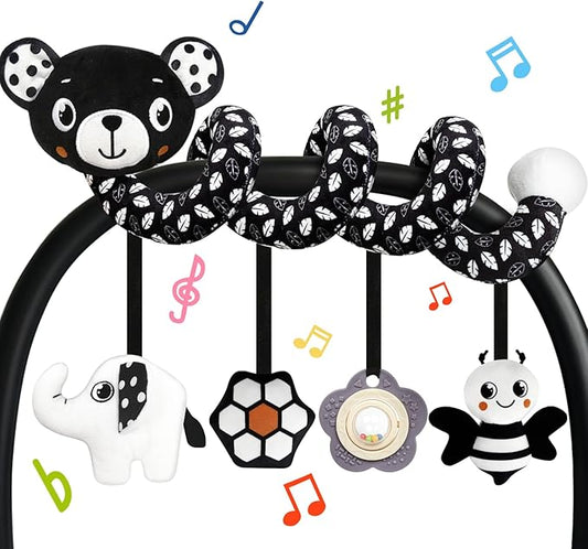 TSYAN Car Seat Toys for Babies 0-6 Months,Hanging Rattle Toys for Crib Mobile, Baby Spiral Hanging Stroller Black and White High Contrast Toys for Newborn 0 3 6 9 12 Months Baby Boys Girls (Bear)