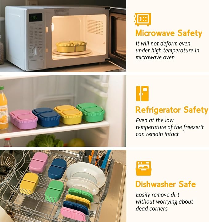 4 Pack Silicone Snack Containers with Lids, Double Compartment Snack Containers for Sauce, Reusable Silicone Food Storage Box for Lunch Office Travel