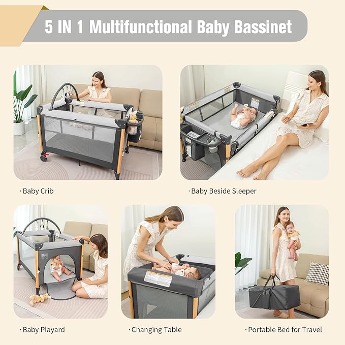 Baby Bassinet 5 in 1 Pack and Play,Baby Crib Adjustable Beside Sleeper One-Second &One-Hand Setup,Portable Playard Foldable Playpen for Newborn,Babies and Toddlers with Changing Table,Mattress (Grey)