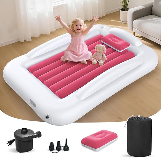 Deeteck Inflatable Toddler Travel Bed - 53 Inches Portable Toddler Bed for Travel with Safety Sides - Cozy Kids Air Mattress Set with High-Speed Pump & Carry Case - Easy to Inflate(Light Pink)