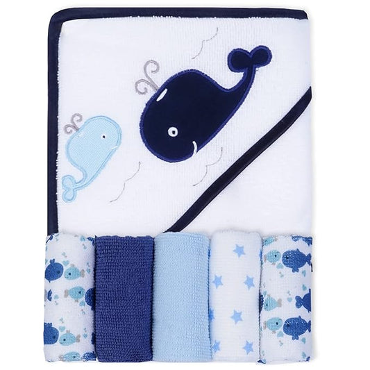 Viviland Baby Towels and Washcloths, Soft Absorbent Baby Boy Bath Towel Set, Whale Hooded Towels with 5 Infant Washcloths，(6 Pieces)