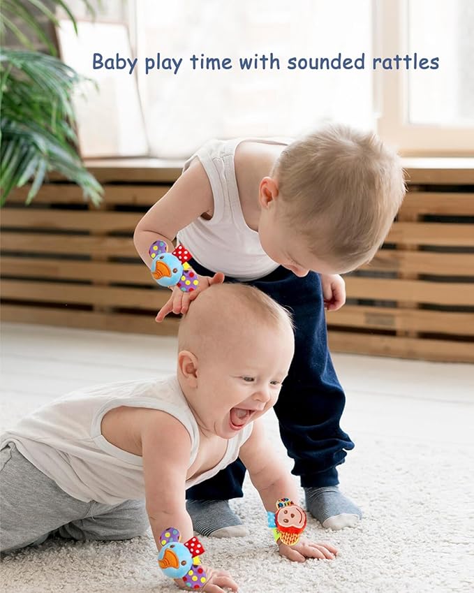 SSK Soft Baby Wrist Rattle Foot Finder Socks Set,Cotton and Plush Stuffed Infant Toys,Birthday Holiday Birth Present for Newborn Boy Girl 0/3/4/6/7/8/9/12/18 Months Kids Toddler,4 Cute Animals