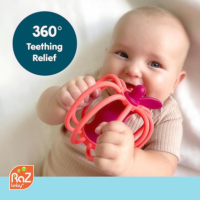 RaZbaby RaZ-Apple Silicone Teether & Rattle Toy – Soft, Flexible & Easy to Hold, Soothing Sounds for Entertainment, Textured for Teething Relief, Nipple-Shaped Stem for Comfort – BPA-Free, 3M+