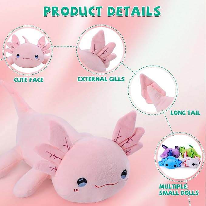 Axolotl Plush Toy Set for Ages 3 4 5 6 7 8+ Year Old - Axolotl Mommy & 4 Slap Bracelets Baby Axolotls, Soft Stuffed Animals, Christmas Birthday Gifts for Boys and Girls