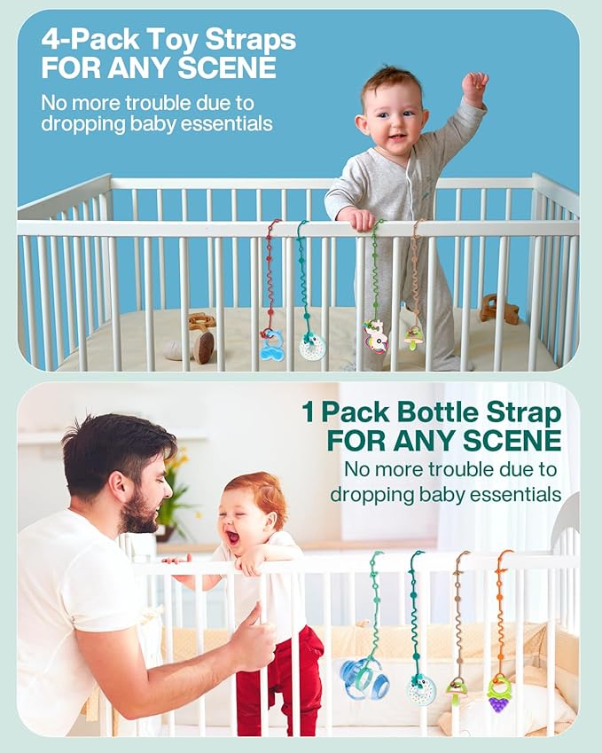 Toy Straps for Baby, 5pcs Adjustable Toy Holder for Stroller Accessories, Silicone Tether Pacifier Clip, No Throw Travel Essential Leash for High Chair, Car Seat (5-Pack)