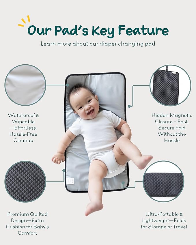 Diaper Changing Pad Portable with Magnetic Latches, Baby Diaper Changing Mat, Travel Pad for Diaper Bag, Baby Essentials, Wipeable & Waterproof Mat (Black Twill, Regular)