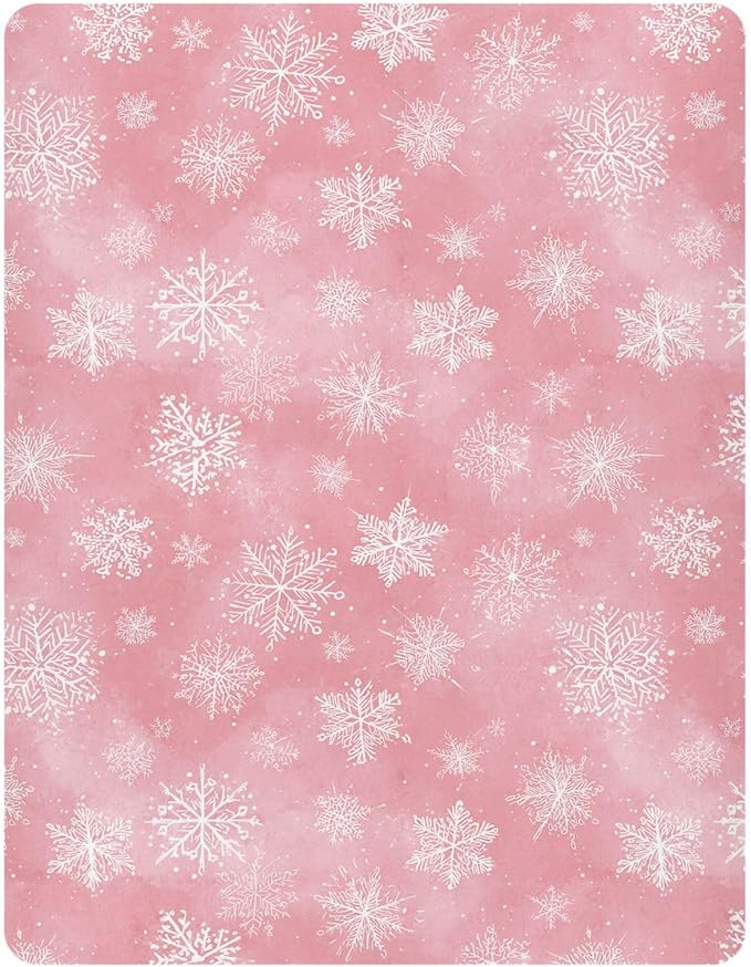 Pfrewn Christmas Crib Sheets for Boys Girls Pink Retro Snowflakes Fitted Crib Sheet for Mini Crib Mattress Stretch Soft Winter Pattern Toddler Baby Playard Sheet,39x27IN