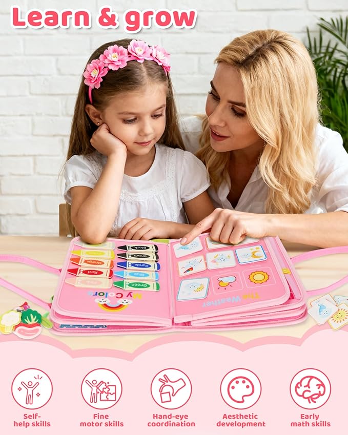 13-Page Baby Busy Book for Toddlers 1-3, Montessori Busy Board Toys for Toddlers 2 3 4 Year Old Boys & Girls, Educational Activities to Learn Fine Motor Skills, Portable Travel Toys for Airplane & Car