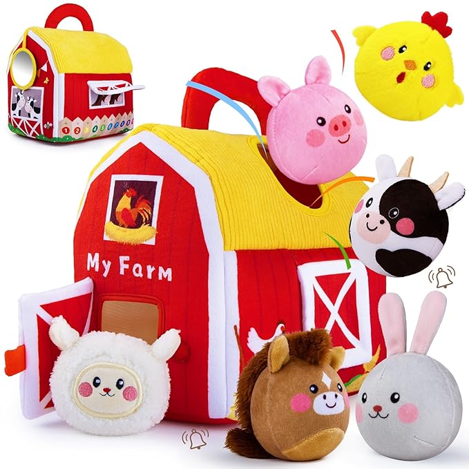 teytoy Baby Toys for Newborn 6-12 Months, Soft Barn with 6 Stuffed Farm Animals Playset for Toddlers Boys Girls 1-3 Years Baby Sensory Toys Birthday Easter Basket Stuffers Christmas Gifts