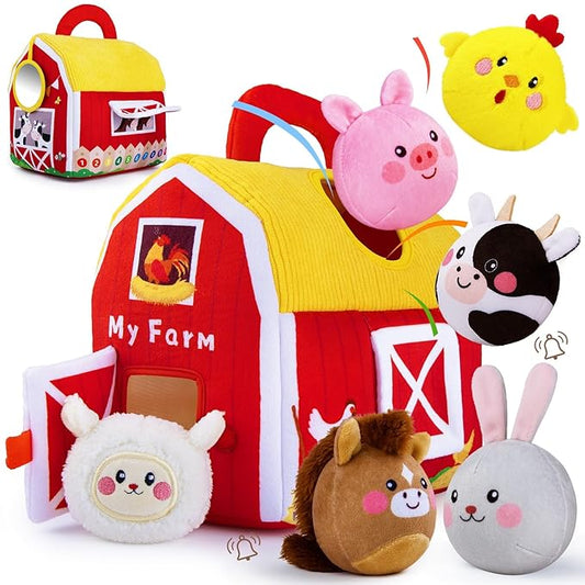 teytoy Baby Toys for Newborn 6-12 Months, Soft Barn with 6 Stuffed Farm Animals Playset for Toddlers Boys Girls 1-3 Years Baby Sensory Toys Birthday Easter Basket Stuffers Christmas Gifts