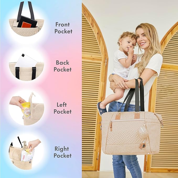 Dikaslon Diaper Bag Tote, Large Travel diaper tote for Mom and Dad, Multifunction baby tote bag for Boys and Girls with Pacifier Case and Changing Pad, White