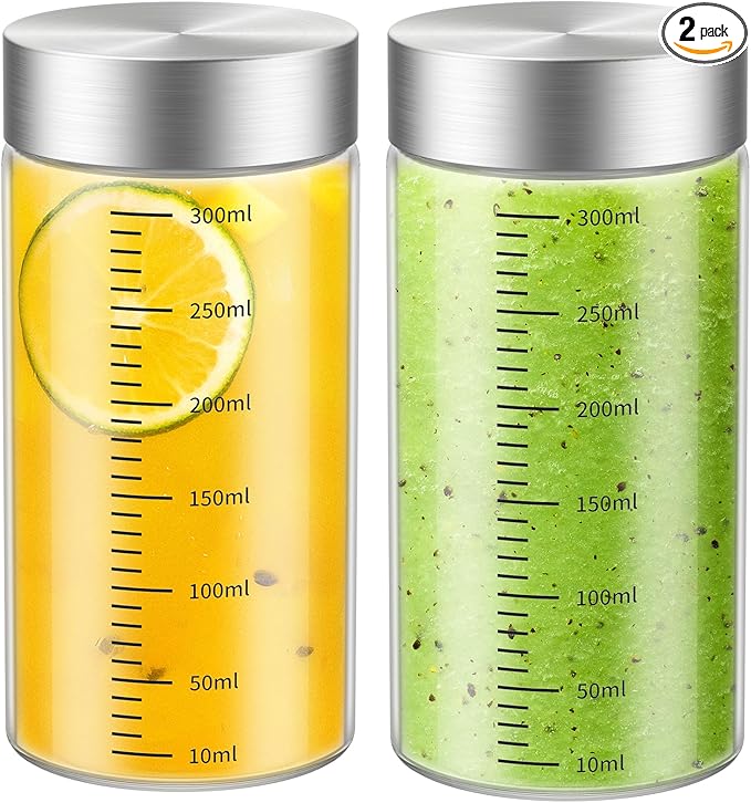 11 Oz Glass Juice Bottles, 2 Pack Glass Bottles with Lids, BPA Free, Borosilicate Glass, Leak Proof Lids for Juicing, Smoothies, Water Bottles, Food Storage, Shaker Bottles