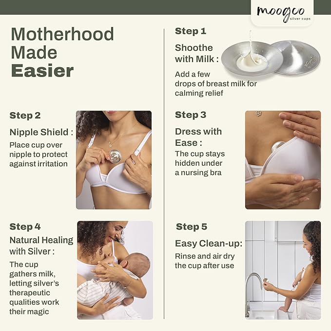 MOOGCO The Original Silver Nursing Cups - 925k Silver Nipple Cups - Nipple Shields for Breastfeeding Newborn – Protective Silver Nipple Covers for Nursing Moms (925k Regular)