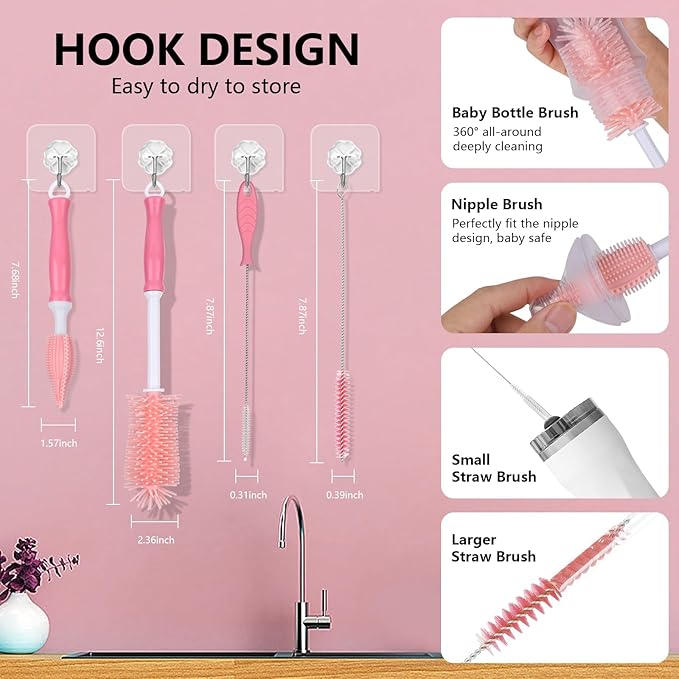 Portable Bottle Brush Set - Baby Bottle Cleaner Kit with Silicone Brush, Nipple Brush, Straw Brush, Bottle Cleaning Long Handle Water Bottle CleanerTool