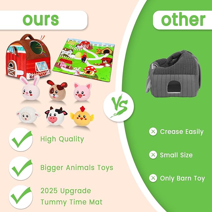 Avesa Baby Toys 6-12 Months - Soft Barn Toy with Stuffed Farm Animals, Rattle - Montessori Toys for Babies 6 Months Old Sensory Infant Toy Baby Valentines Day Gifts Easter Basket Stuffers