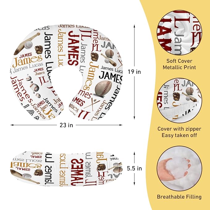 Rucekia Baby Nursing Pillow Cover - Personalized Name Baseballs Design Breastfeeding U-Shaped for Bottle Feeding, Ultra Soft Comfortable Breastfeeding Pillow Cover for Infant Baby Boys and Girls