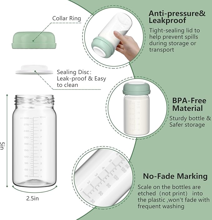 Breastmilk Storage Bottles Collection Bottles, 10oz Wide-Neck Breast Milk Container Compatible for Spectra S1 S2 SG Motif Luna Breast Pumps, Fit for 22oz Breast Milk Cooler & Fridge, 2 Packs