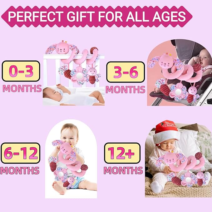 Spiral Car Seat Toy for Babies 0-6-12 Months Girl, Stroller Hanging Baby Toys 0-3-4-5-7 Month Old Newborn Infant Valentines Day Gift Travel Carseat Mirror Crinkle Bunny Easter Basket Stuffers