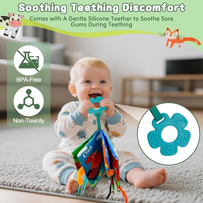 Baby Books Toys 0-12 Months with Teether,Tummy Time Crinkle Sensory Toys,High Contrast Touch & Feel Soft Book, Early Learning Infant Toys,Shower Gift for Boys Girls (Farm Animals)