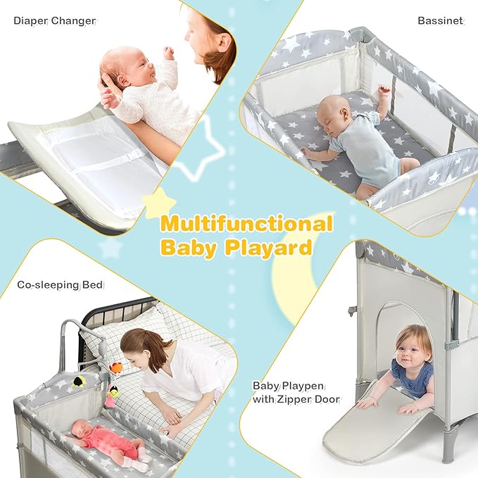 HONEY JOY Pack and Play with Bassinet, 5-in-1 Baby Bedside Sleeper w/Diaper Changing Table & Storage Bag, Toy Arch & Music Box, Detachable Side Rail, Portable Baby Play Yard w/Carry Bag(Beige)