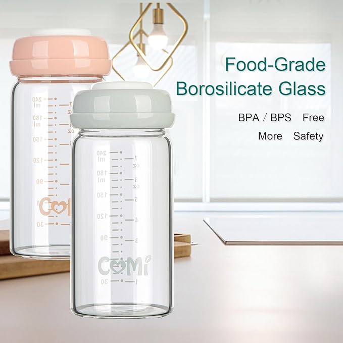 COMI Wide Neck Glass Breastmilk Collection n Storage Bottle, 6 Packs, 8oz with Screw Ring Sealing Disk; Re-markable Sealing Disc. BPA Free, Fits Breast Pumps & Nipples (3 Gray Lids + 3 Pink Lids)