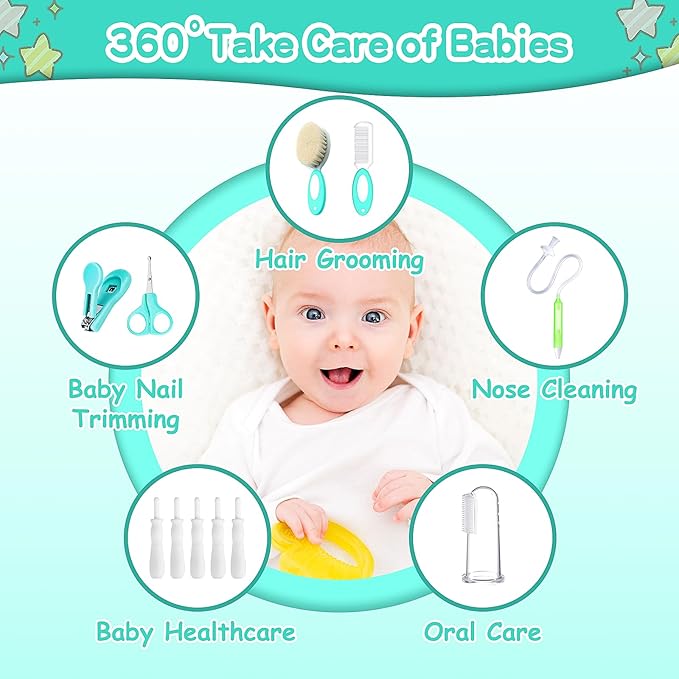 23 in 1 Baby Healthcare and Grooming Kit, Infant Safety Care Set Baby Nursery Kit with Gas Colic Passer Nasal Aspirator Nail Clipper Hair Brush Comb for Newborn Girls Boys (Green))