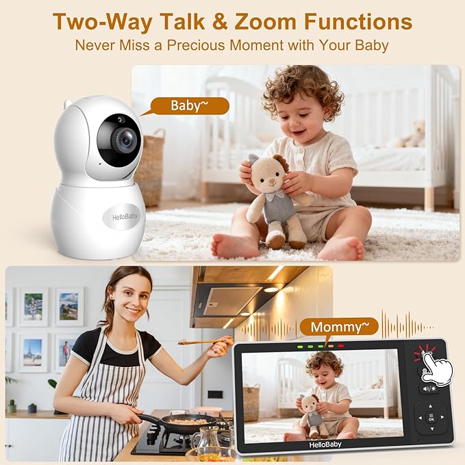 HelloBaby 5.5'' HD Video Baby Monitor with 1080P Camera | No WiFi, Hack-Proof Security & 1000ft Range | Remote Pan, Tilt, Zoom, Night Vision, Night Light | 4000mAh Battery