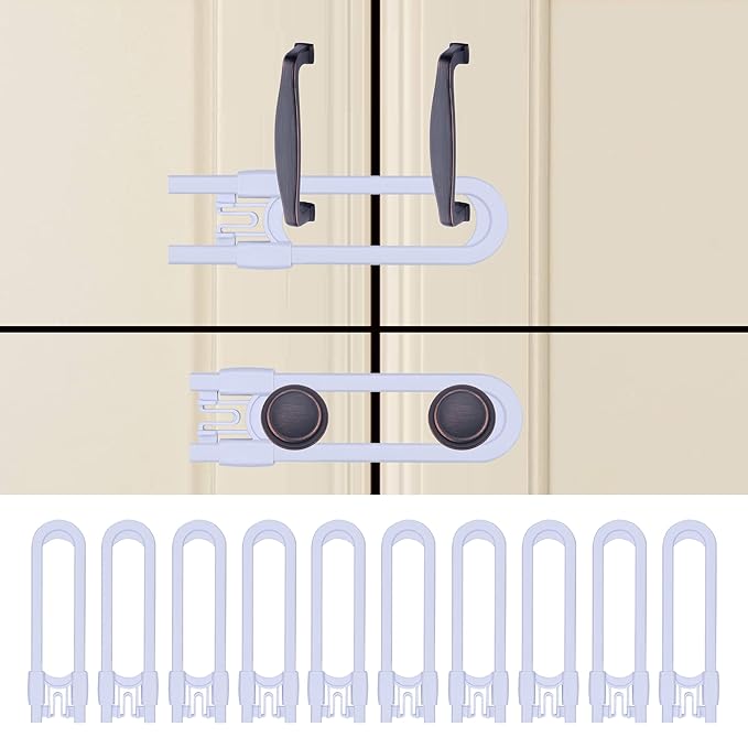 Sliding Cabinet Child Safety Locks - OKEFAN Baby Proofing Cabinet Lock Cupboard Latches for Kids on Closet Door Knobs Handles Pulls No Drill (10, White)