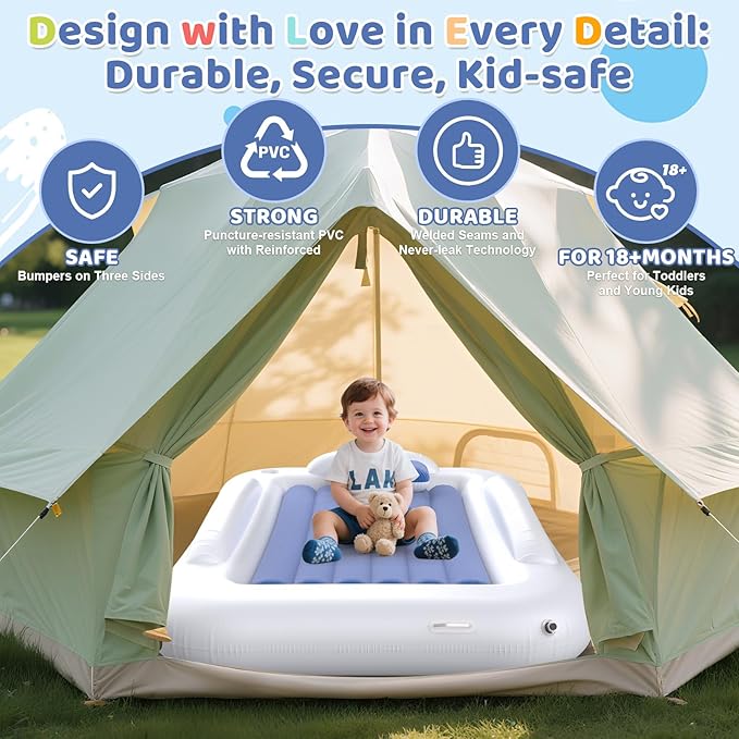 Deeteck Inflatable Toddler Travel Bed - 53 Inches Portable Toddler Bed for Travel with Safety Sides - Cozy Kids Air Mattress Set with High-Speed Pump & Carry Case - Lightweight & Easy to Inflate(Blue)