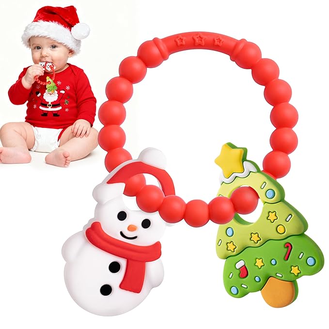 Christmas Baby Teething Toys, Snowman & Tree Textured Silicone Teether for 3-6 6-12 Months BPA-Free Teether Toys, Baby Stocking Stuffers Sensory Christmas Gifts for Infant Boys & Girls