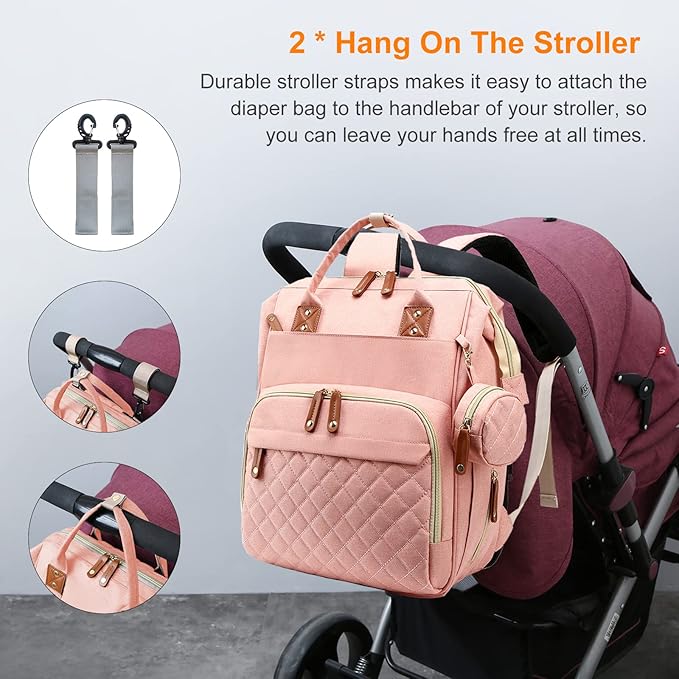 Diaper Bag with Changing Station, Waterproof 3 in 1 Baby Diaper Backpack with Foldable Changing Pad, Large Travel Back Pack for Baby Girl Boy, Peach Pink